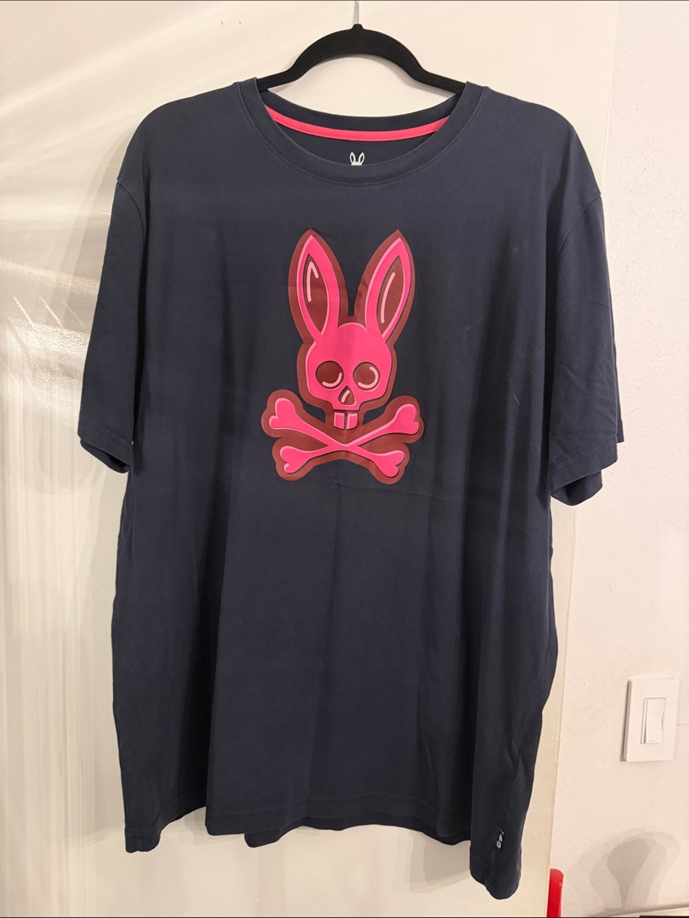 Psycho Bunny Black Tee with Hot Pink Bunny Skull Graphic